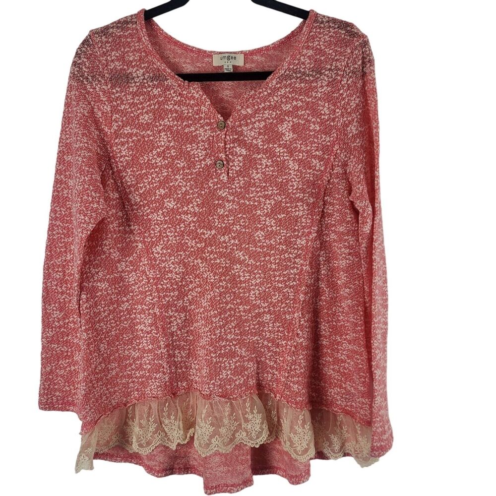Umgee Long Sleeve Top S Womens Pink White Lace Trip Pullover V Neck‎
